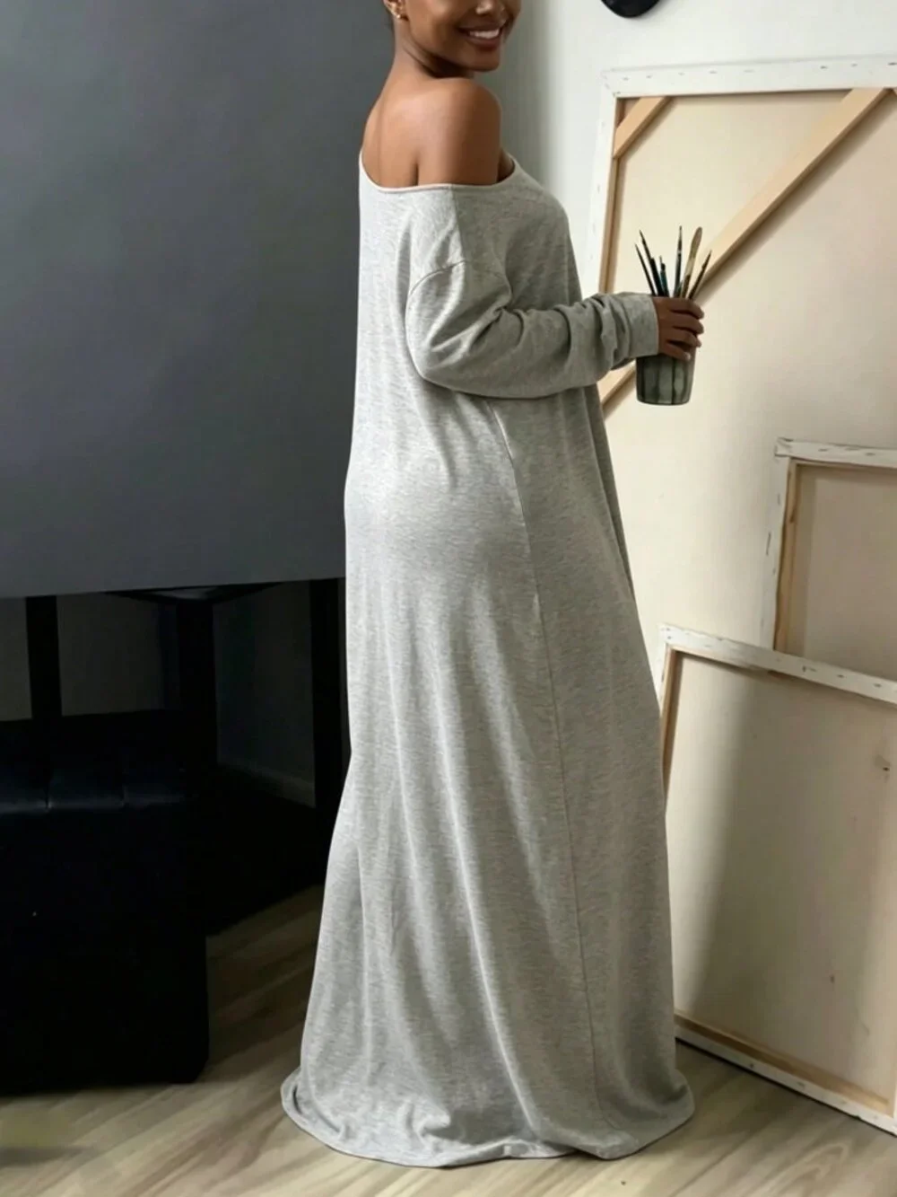 Grey Casual Women's Asymmetrical Shoulder Long Dress